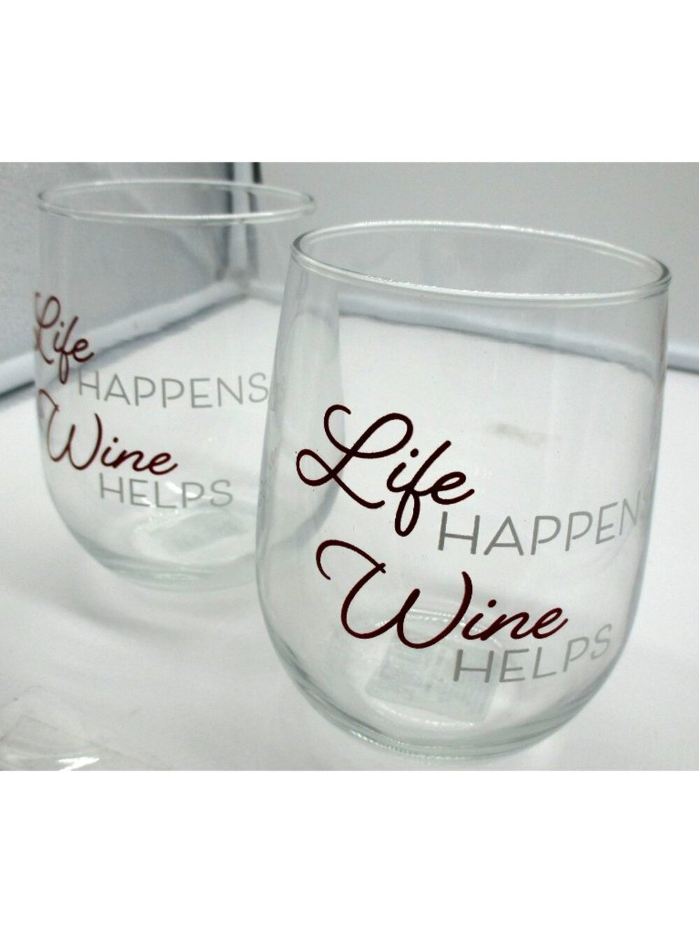 2 Stemless Wine Glasses with "Life Happens Wine Helps" Red & White Lettering NWT
